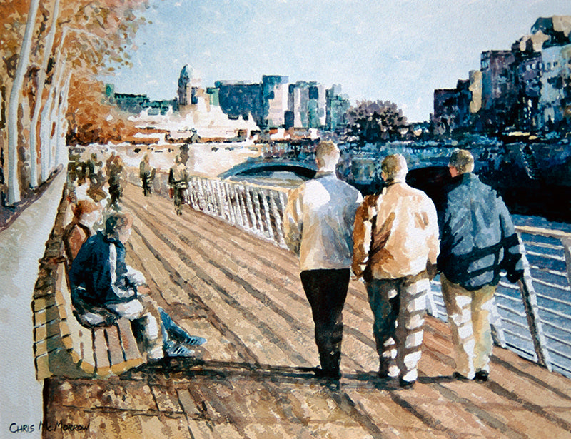 Watercolour painting of people walking and sitting in the sunshine along the Lffey Boardwalk, Dublin