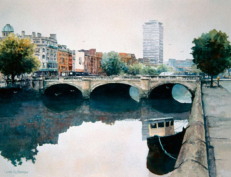 Watercolour painting of O&#39;Connell Bridge, Dublin and the River Liffey