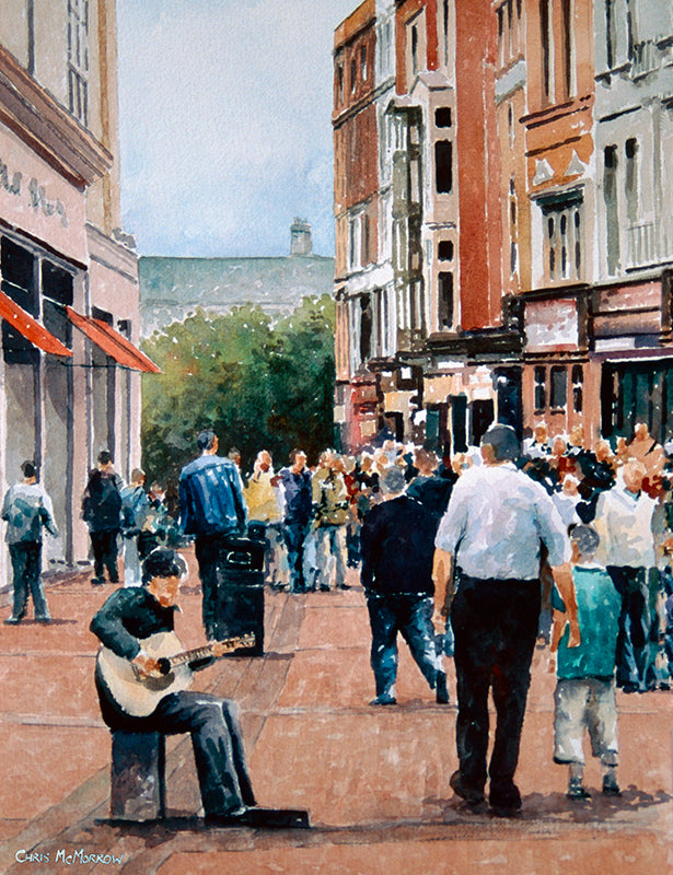 A painting of a guitarist busking on Grafton Street, Dublin