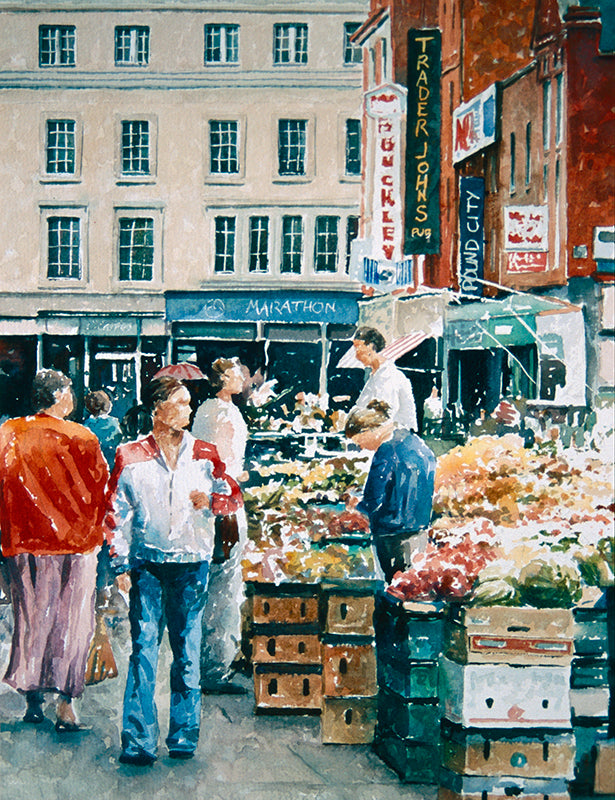 Watercolour painting depicting a busy Moore Street fruit and vegetable market