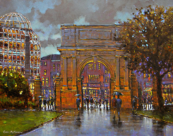 A painting of people walking in the evening at Stephens Green arch