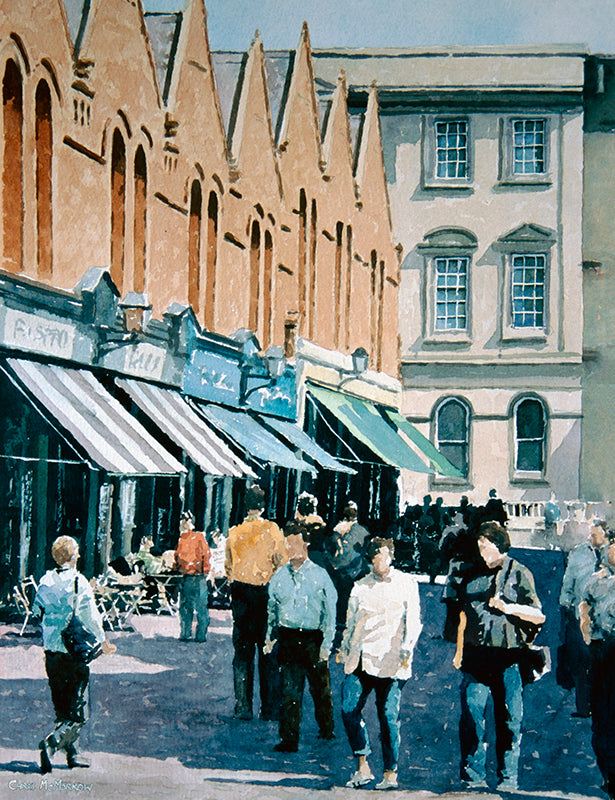 Watercolour painting of Castlemarket busy with people
