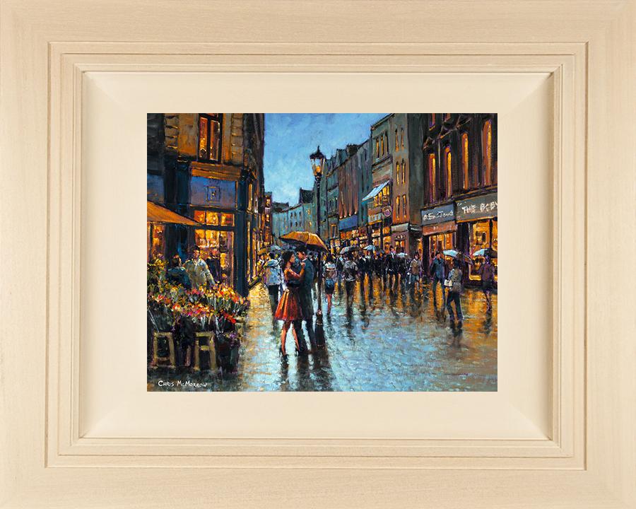  Acrylic painting on 18x14 inch canvas Acrylic painting featuring aq young couple embracing under an umbrella on Grafton Street, Dublin