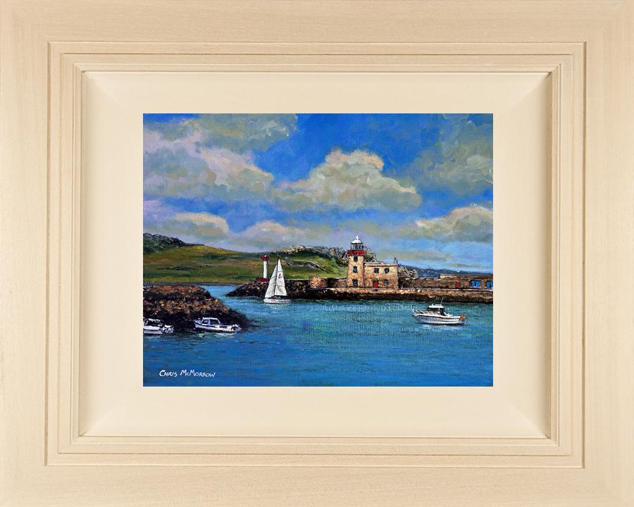  Acrylic painting on 12x10 inch canvas featuring Howth Harbour, lighthouse and Irelands Eye in the background.
