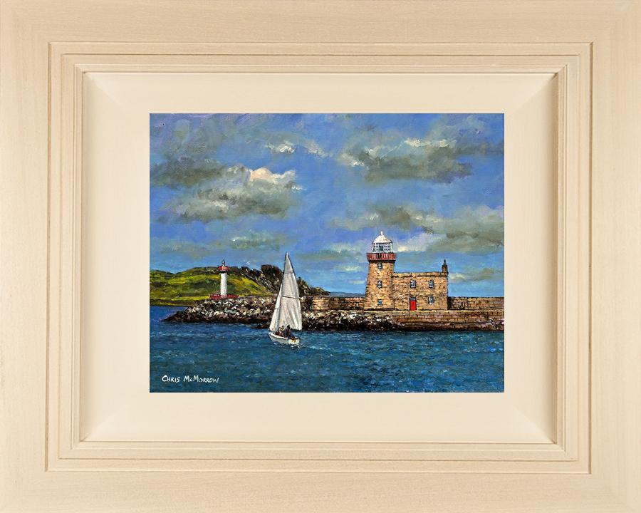  Acrylic painting on 12x10 inch canvas featuring a sailboat passing the lighthouse in Howth Harbour, Co Dublin