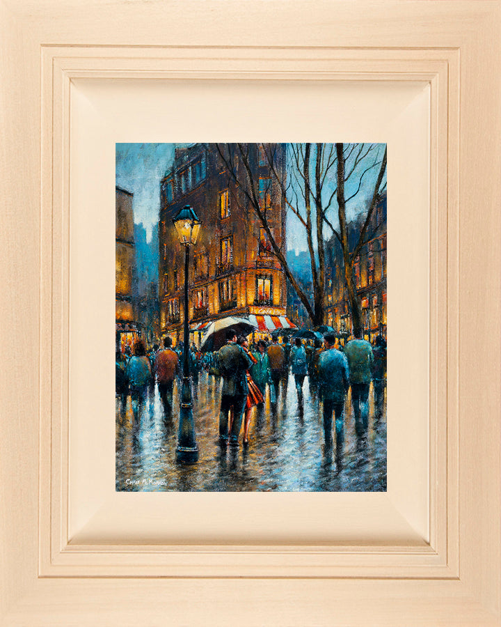  Acrylic painting on 18x14 inch canvas  A colourful streetscape acrylic painting featuring a couple stopping for an impromptu dance under an umbrella on the cobbled street of the French capital Paris.