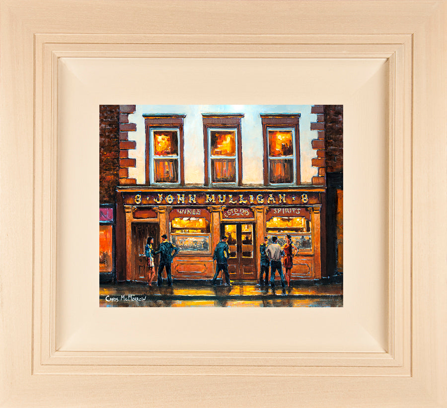 Acrylic painting on 12x10 inch canvas featuring Mulligans Pub on Poolbeg Street, Dublin