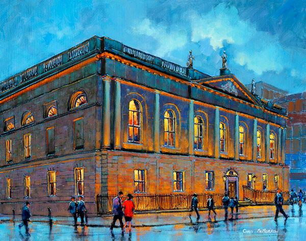 A painting of a view of the College of Surgeons in Stephens Green, Dublin