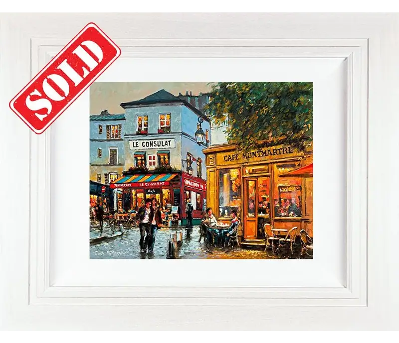 A colourful Parisien streetscape acrylic painting showing diners outside a typical cafe 
