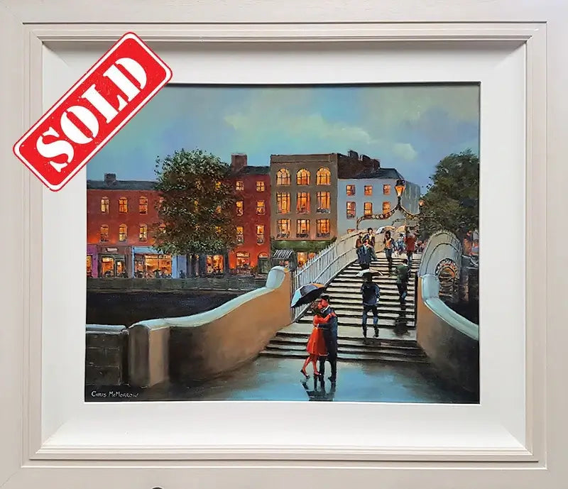 Original painting of a couple embracing on the Halfpenny Bridge, Dublin