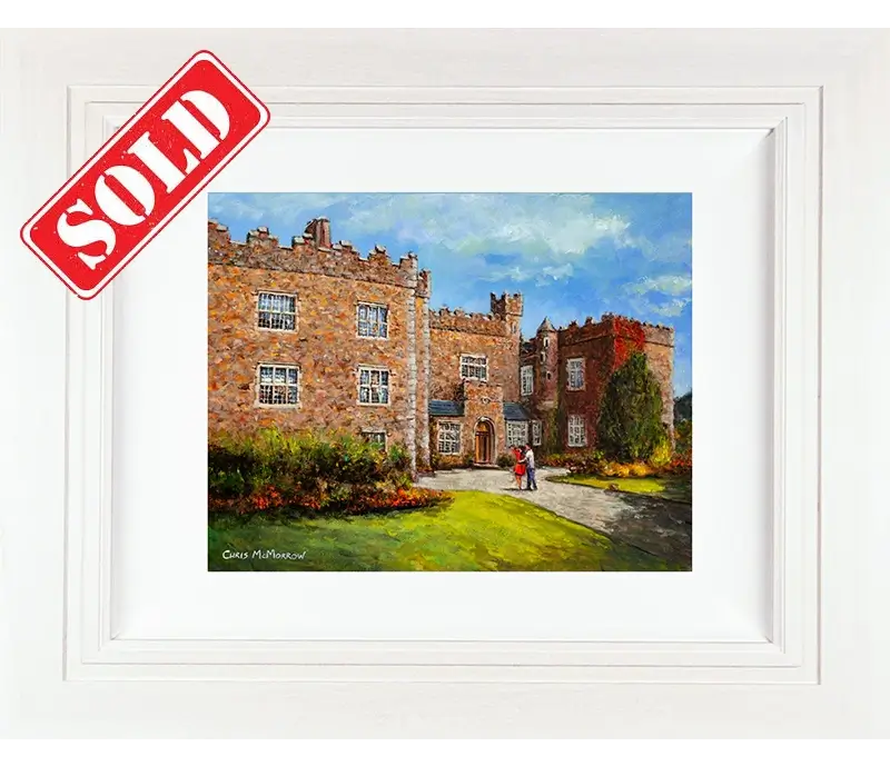 Original painting of a young couple outside Waterford Castle Hotel