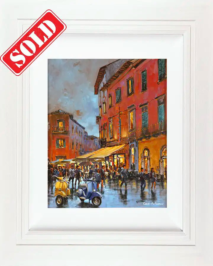 Vespa's, Italy A painting of Vespa scooters in a town in Italy