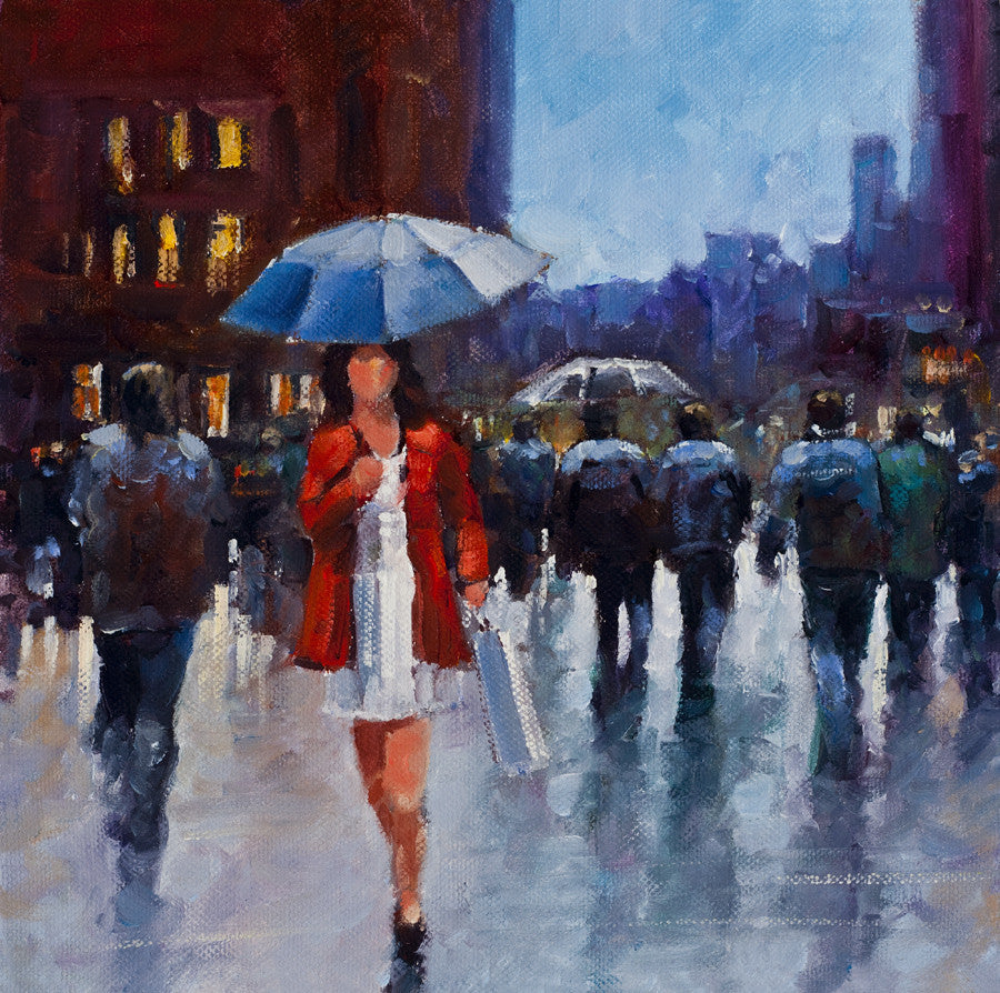 A vivid acrylic painting of a girl in a red jacket and blue umbrella out shopping in town.