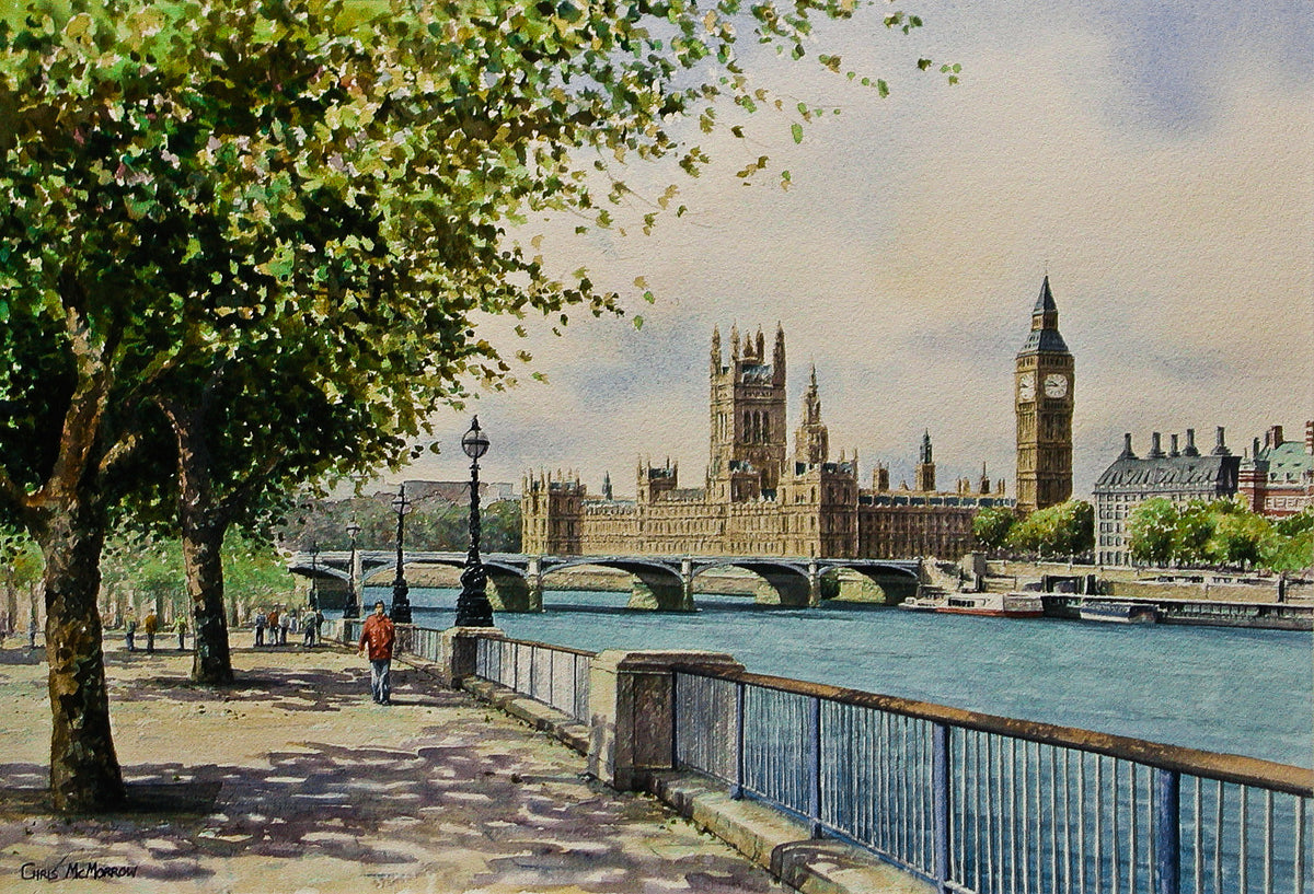 A painting of London, England showing the walkway along the Thames with Big Ben and the Parliament buildings in the distance