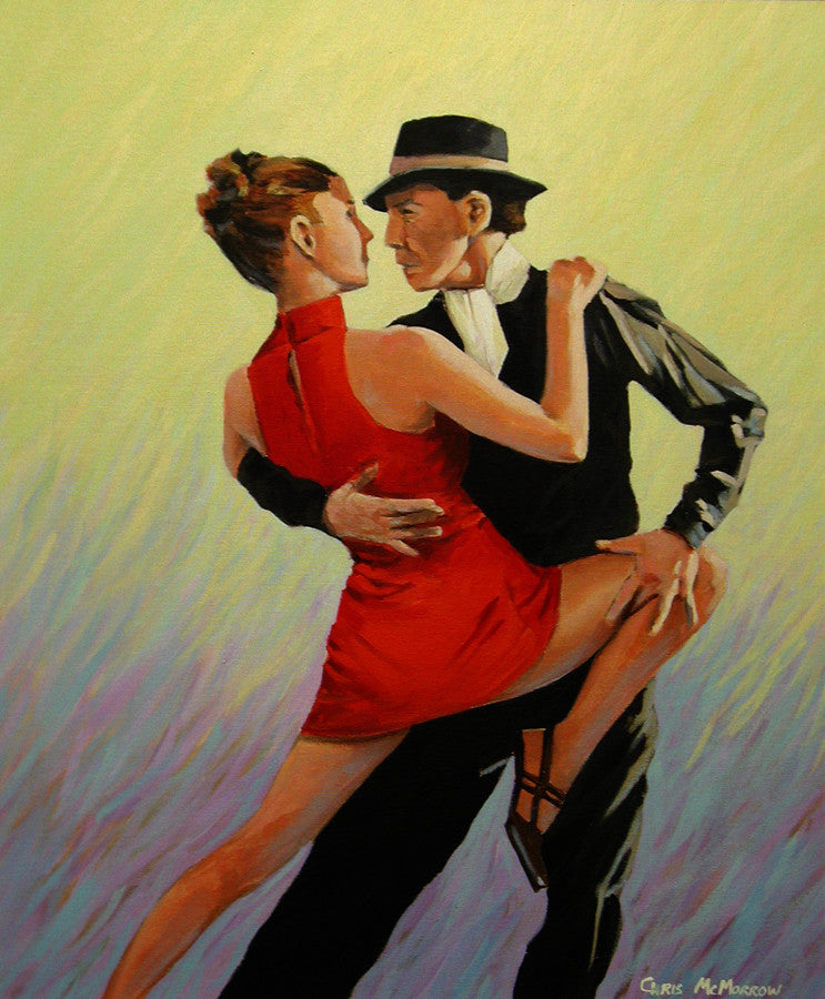 A painting of a couple in a close embrace dancing the Tango